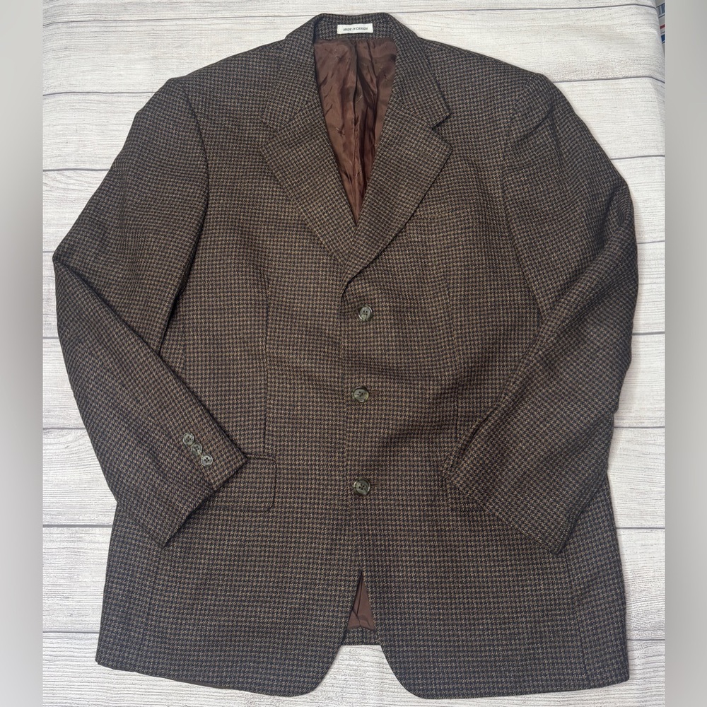 Yves Saint Laurent YSL Vintage‎ Brown Navy Houndstooth Wool Blazer 42R